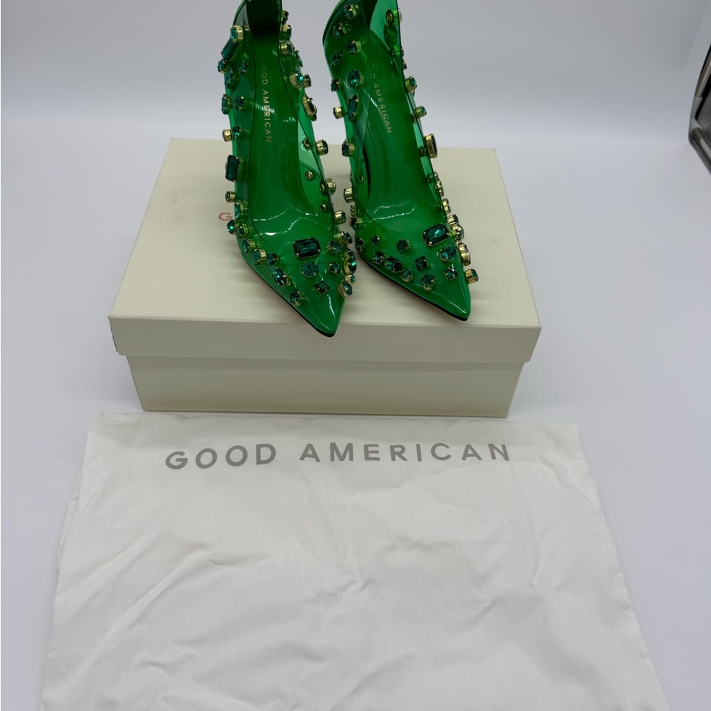 Good American Green Studded Jeweled Emma Heels